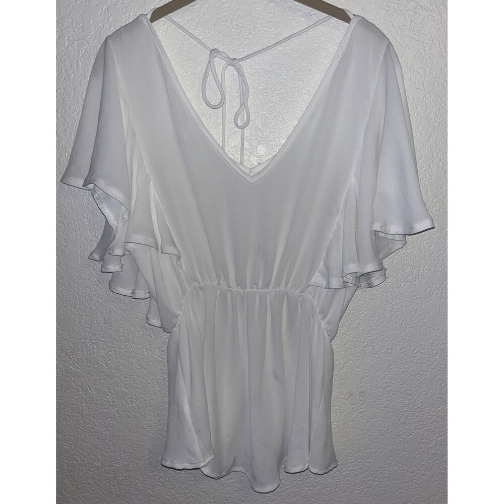Oatt USA Top Women Sz Med. White Ruffled Deep V Neck